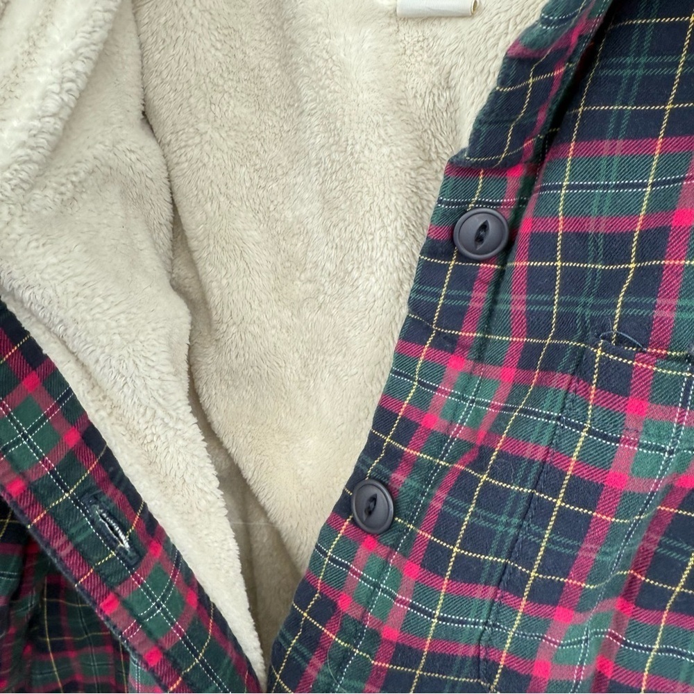 LL Bean Shirt Jacket Womens Size M Fleece Lined Flannel Plaid Button Up Blue Red - Picture 6 of 10